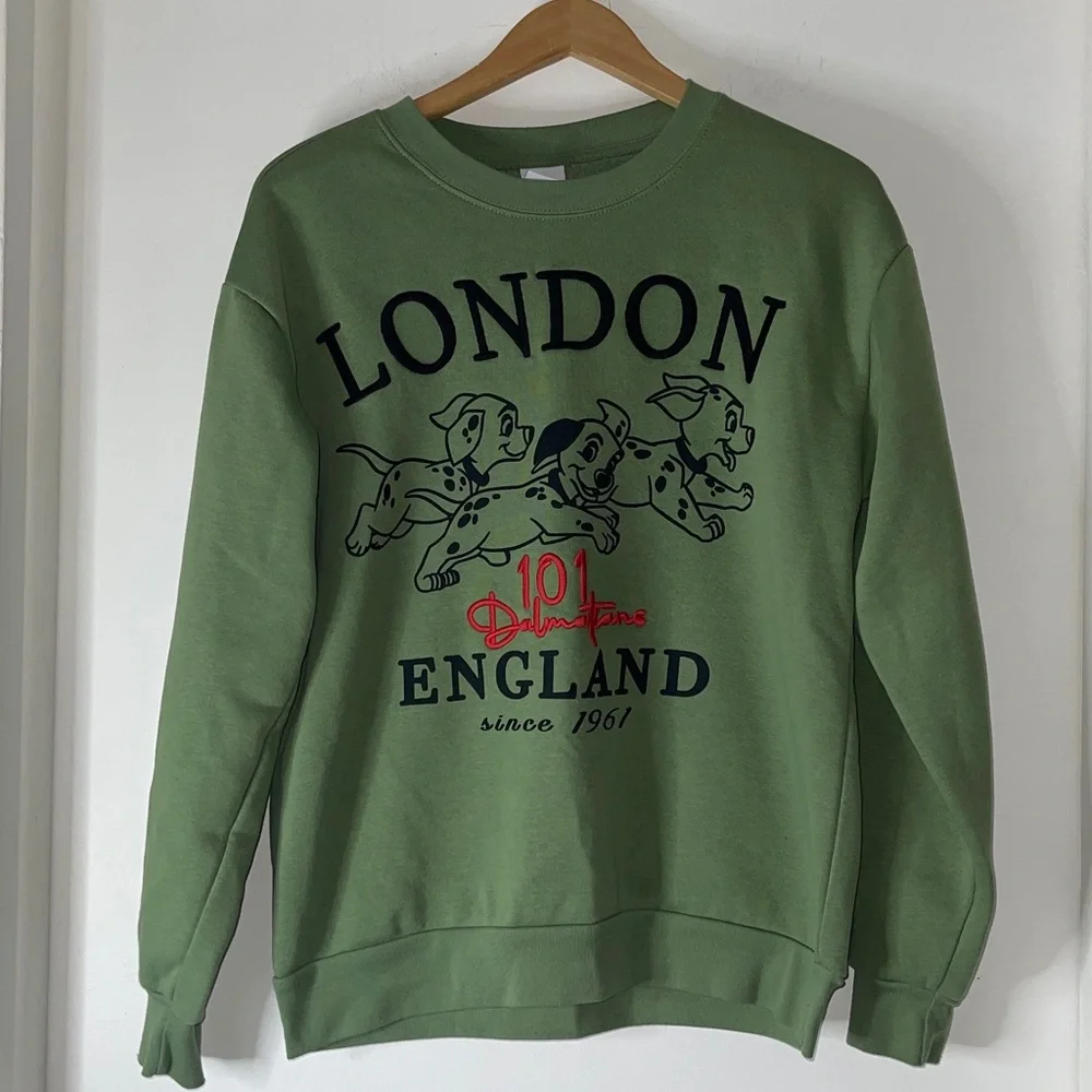 Disney 101 Dalmatians London England LARGE Green Crewneck Fleece Sweatshirt - Picture 4 of 8